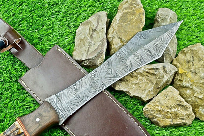 14.5 Inch Damascus Steel Bowie Dagger with Stag Horn and Natural Wood Handle