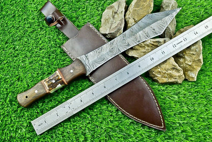 14.5 Inch Damascus Steel Bowie Dagger with Stag Horn and Natural Wood Handle