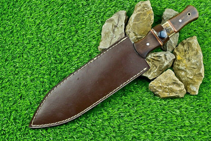 14.5 Inch Damascus Steel Bowie Dagger with Stag Horn and Natural Wood Handle