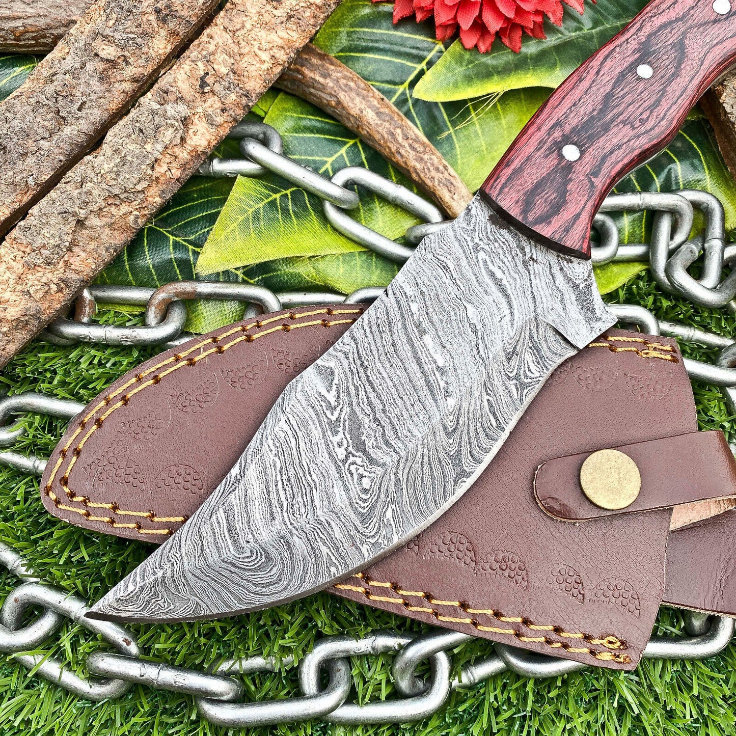 Custom Handmade Damascus Steel Full Tang Tracker Hunting Knife with Wood Handle & Leather Sheath – EDC Fixed Blade