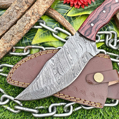 Custom Handmade Damascus Steel Full Tang Tracker Hunting Knife with Wood Handle & Leather Sheath – EDC Fixed Blade