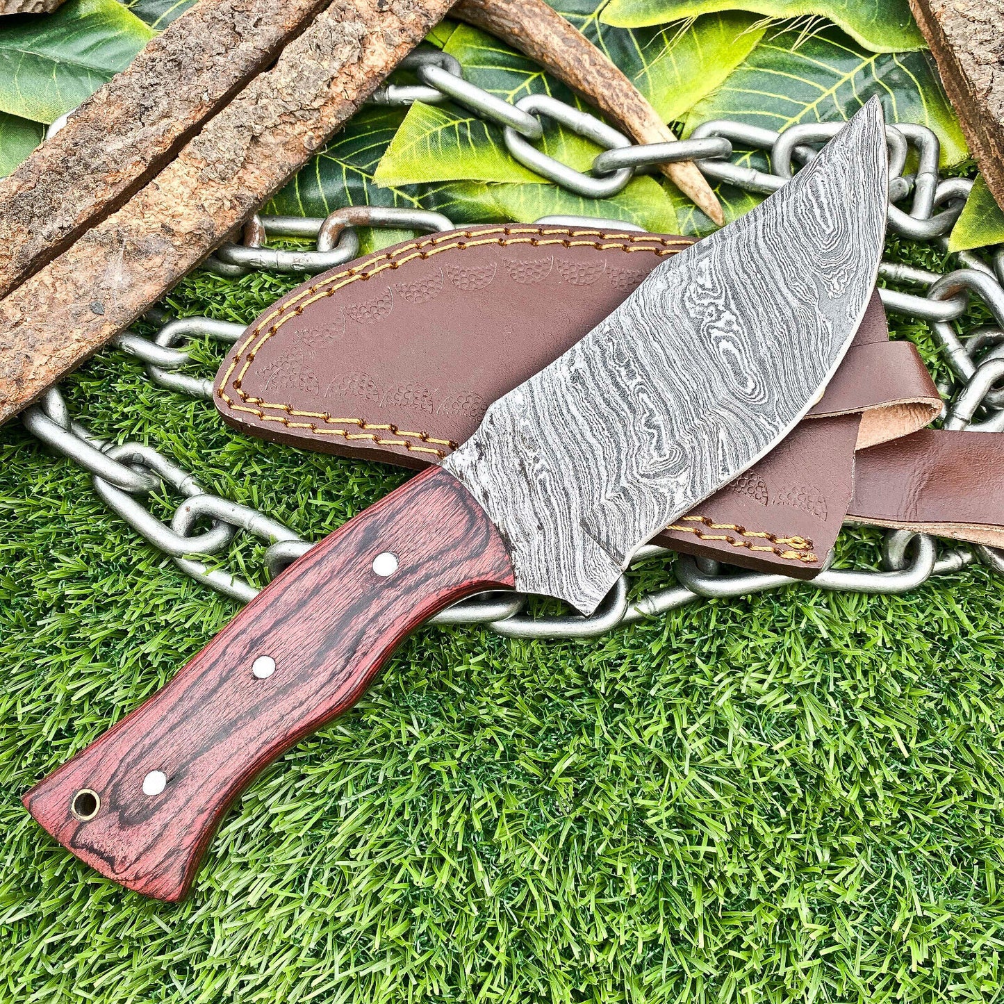 Custom Handmade Damascus Steel Full Tang Tracker Hunting Knife with Wood Handle & Leather Sheath – EDC Fixed Blade