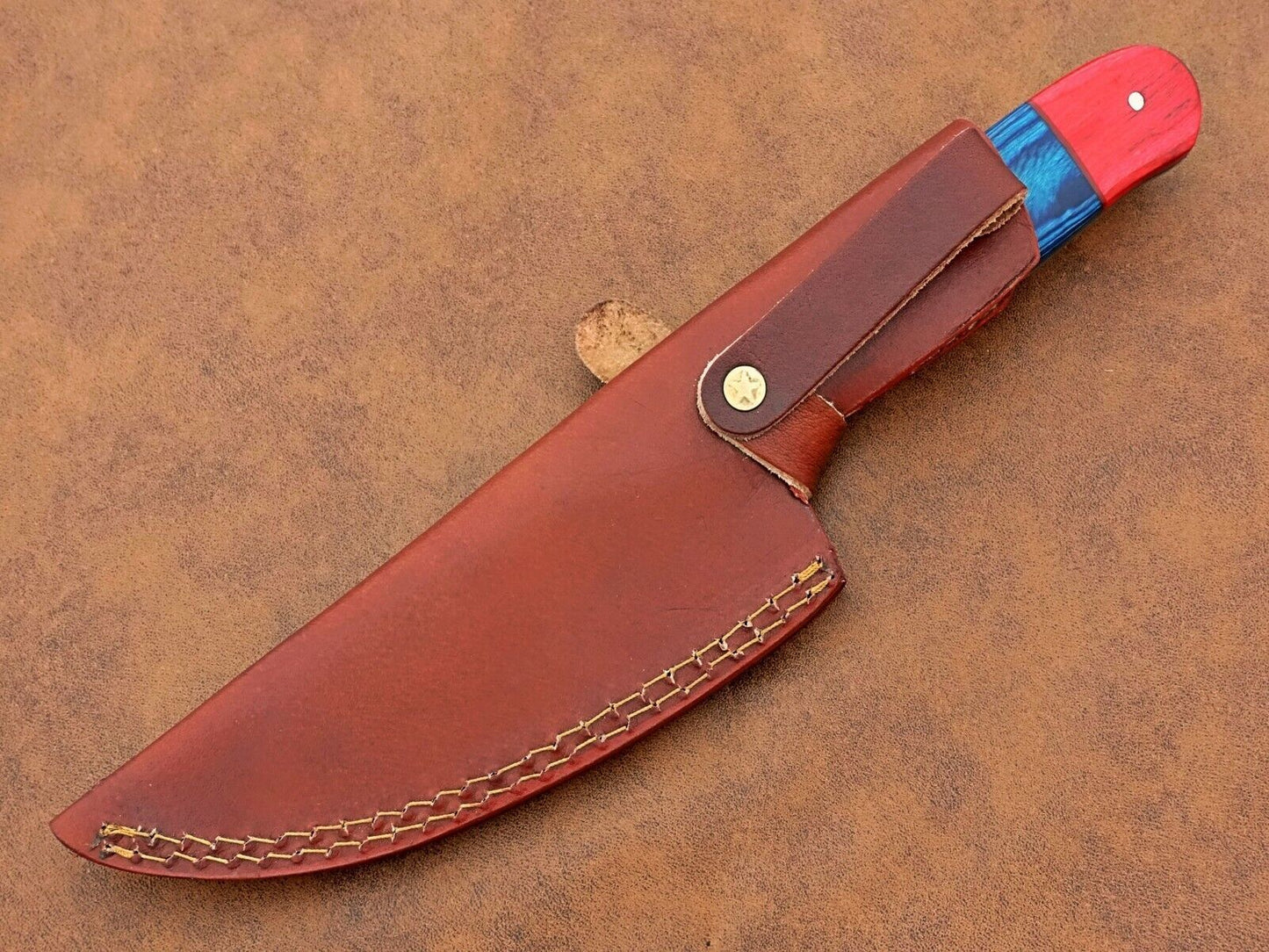 Custom Handmade Damascus Steel Chef Knife – BBQ Special Knife with Natural Wood Handle and Leather Sheath