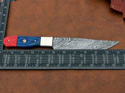 Custom Handmade Damascus Steel Chef Knife – BBQ Special Knife with Natural Wood Handle and Leather Sheath