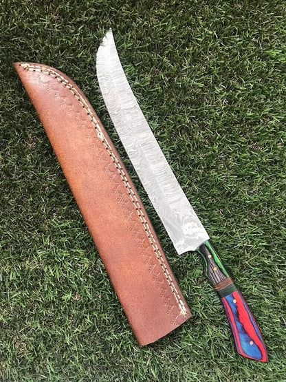 13.5" Custom Hand forged Damascus Fillet Knife Damascus Fillet Knife With Leather Sheath