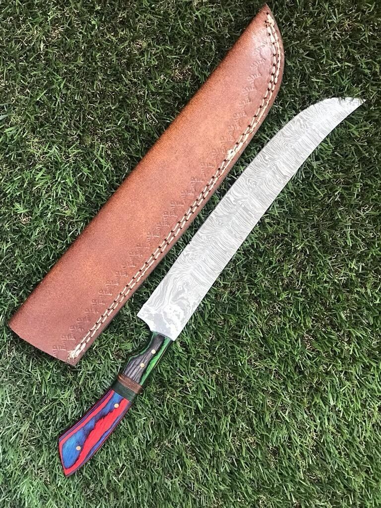 13.5" Custom Hand forged Damascus Fillet Knife Damascus Fillet Knife With Leather Sheath