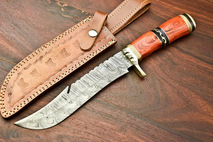 13.5" Damascus Bowie Knife – Hardwood Handle & Leather Sheath