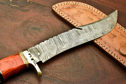 13.5" Damascus Bowie Knife – Hardwood Handle & Leather Sheath