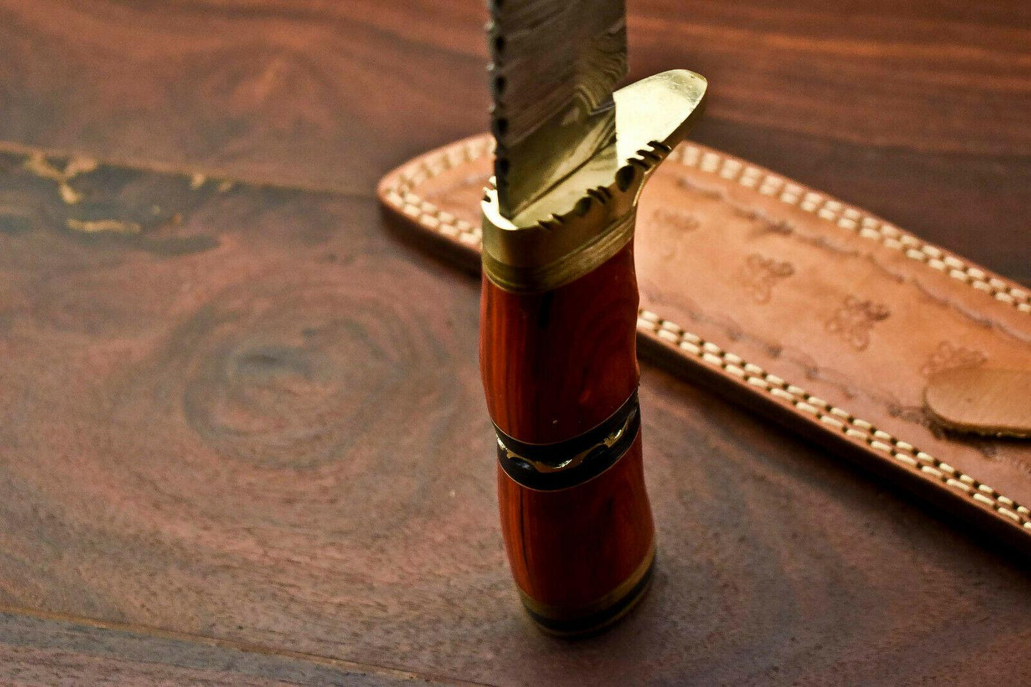 13.5" Damascus Bowie Knife – Hardwood Handle & Leather Sheath
