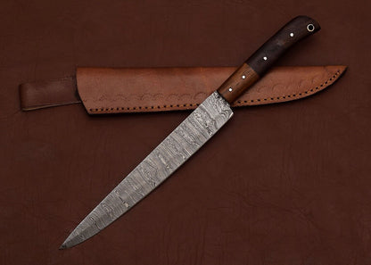 Custom Handmade Damascus Steel Kitchen Chef Fillet Knife with Rose Wood Handle