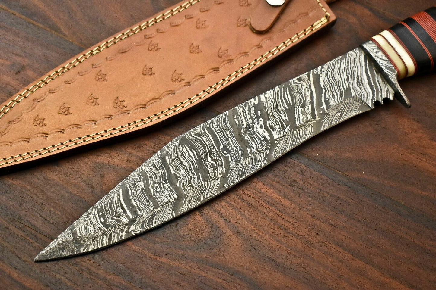 16" Handmade Damascus Steel Bowie Knife with Hardwood Handle