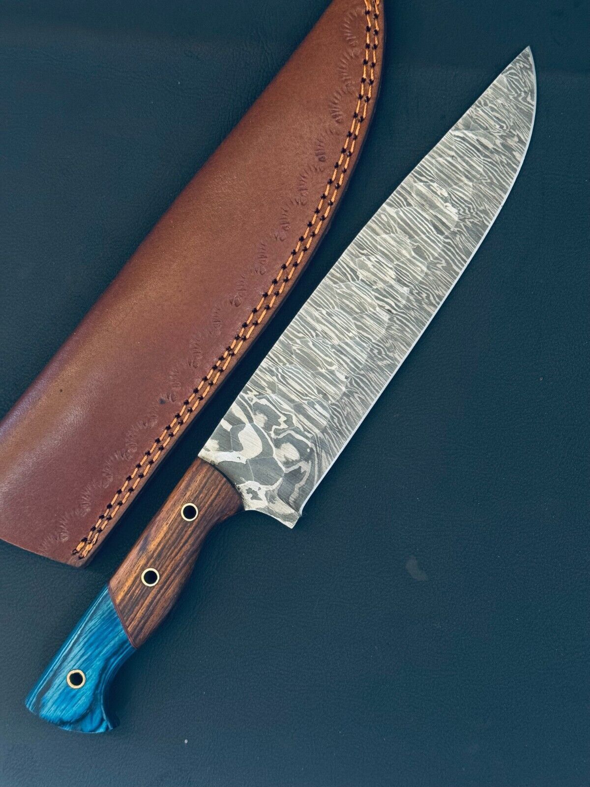 13" Handmade Fire Storm Damascus Steel Chef Knife – Kitchen Fillet Knife with Wood & Bone Handle