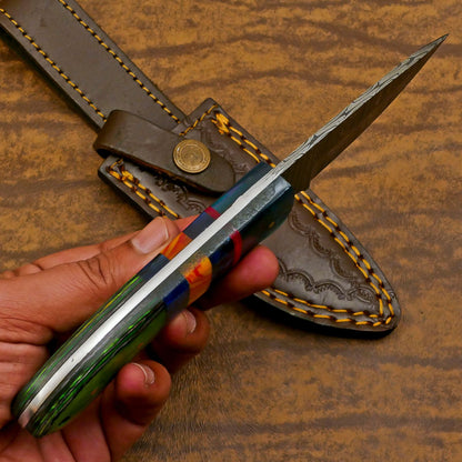 Handmade Damascus Skinner Hunting Knife – Custom Resin Wood Handle Fixed Blade EDC Knife