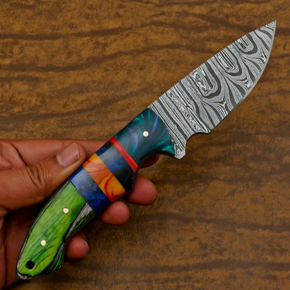 Twist Pattern Damascus Steel Skinner Knife with Resin Wood Handle – Handmade EDC Hunting Blade
