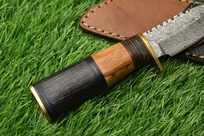 Hand Forged Damascus Skinner Knife with Olive Wood Handle and Brass Guard
