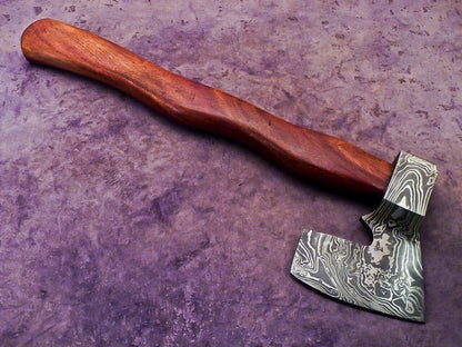 Handmade Damascus Steel Axe 16-Inch with Natural Wood Handle and Leather Sheath