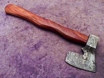 Handmade Damascus Steel Axe 16-Inch with Natural Wood Handle and Leather Sheath