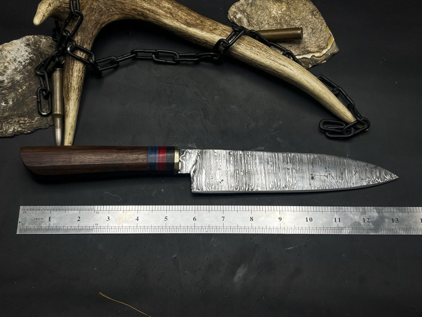 Handmade Damascus Steel Kitchen Chef EDC Knife – Wood Handle with Cow Leather Sheath – Made in Pakistan