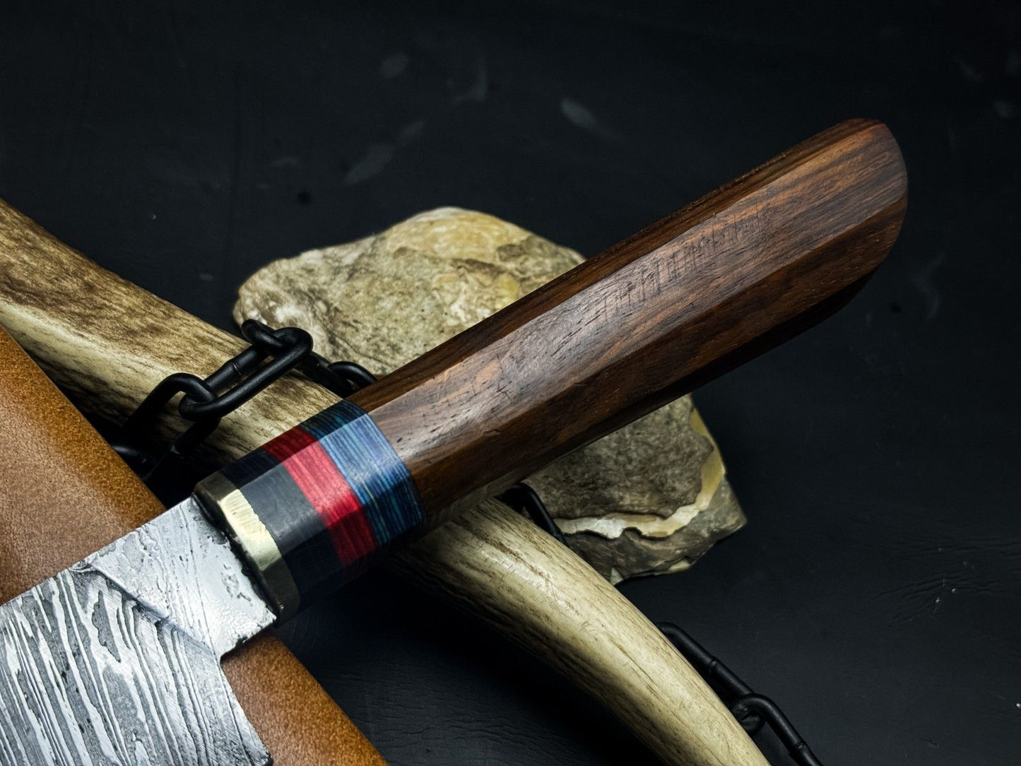 Handmade Damascus Steel Kitchen Chef EDC Knife – Wood Handle with Cow Leather Sheath – Made in Pakistan