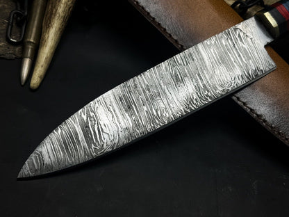 Handmade Damascus Steel Kitchen Chef EDC Knife – Wood Handle with Cow Leather Sheath – Made in Pakistan