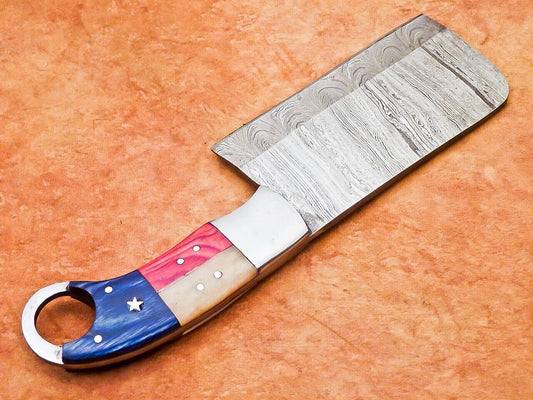 10" Handmade Damascus Steel Chef Chopper Cleaver – Camel Bone & Hardwood Handle, With Leather Sheath