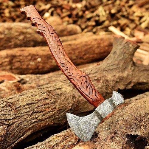 Custom Hand Forged Damascus Steel Viking Bearded Camping Hatchet Tomahawk Axe | Natural Wood Handle & Leather Sheath