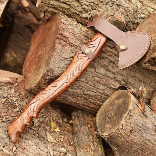 Custom Hand Forged Damascus Steel Viking Bearded Camping Hatchet Tomahawk Axe | Natural Wood Handle & Leather Sheath