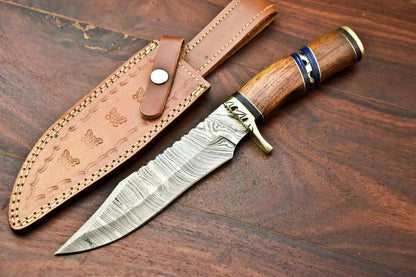 12" Damascus Steel Bowie Knife – Walnut Wood Handle & Leather Sheath