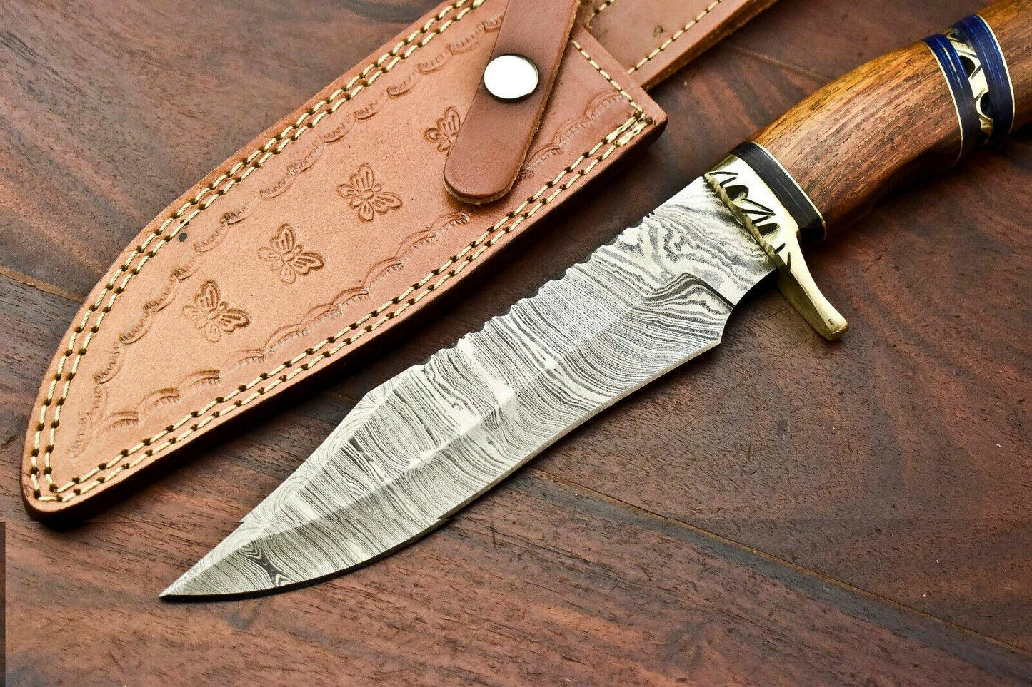 12" Damascus Steel Bowie Knife – Walnut Wood Handle & Leather Sheath