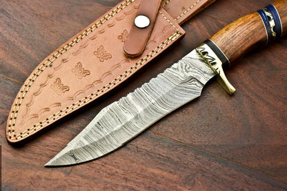 12" Damascus Steel Bowie Knife – Walnut Wood Handle & Leather Sheath