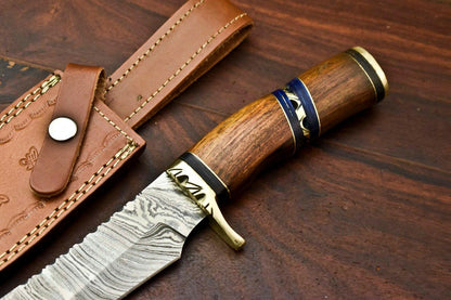 12" Damascus Steel Bowie Knife – Walnut Wood Handle & Leather Sheath