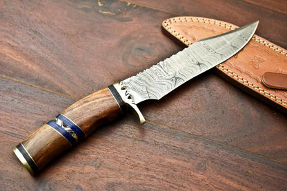 12" Damascus Steel Bowie Knife – Walnut Wood Handle & Leather Sheath