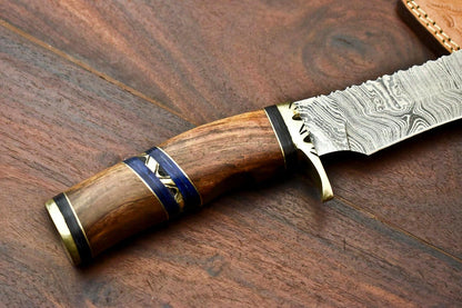 12" Damascus Steel Bowie Knife – Walnut Wood Handle & Leather Sheath