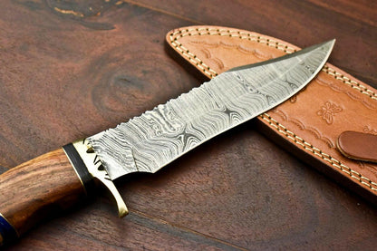 12" Damascus Steel Bowie Knife – Walnut Wood Handle & Leather Sheath