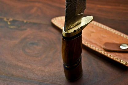 12" Damascus Steel Bowie Knife – Walnut Wood Handle & Leather Sheath
