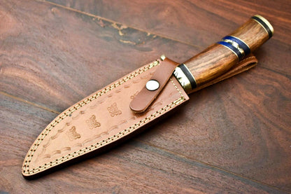 12" Damascus Steel Bowie Knife – Walnut Wood Handle & Leather Sheath