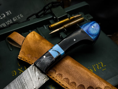 Handmade Damascus Steel Chef Kitchen Knife – Epoxy Resin Handle with Leather Sheath
