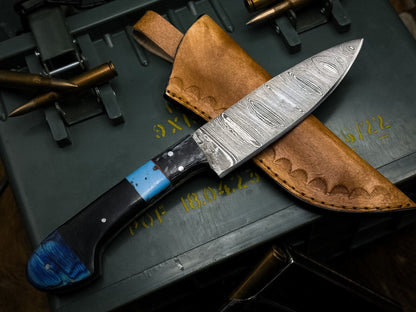 Handmade Damascus Steel Chef Kitchen Knife – Epoxy Resin Handle with Leather Sheath