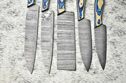 Stunning Custom Lot of 5 Handmade Hammered Damascus Steel Blade Chef Knife Set