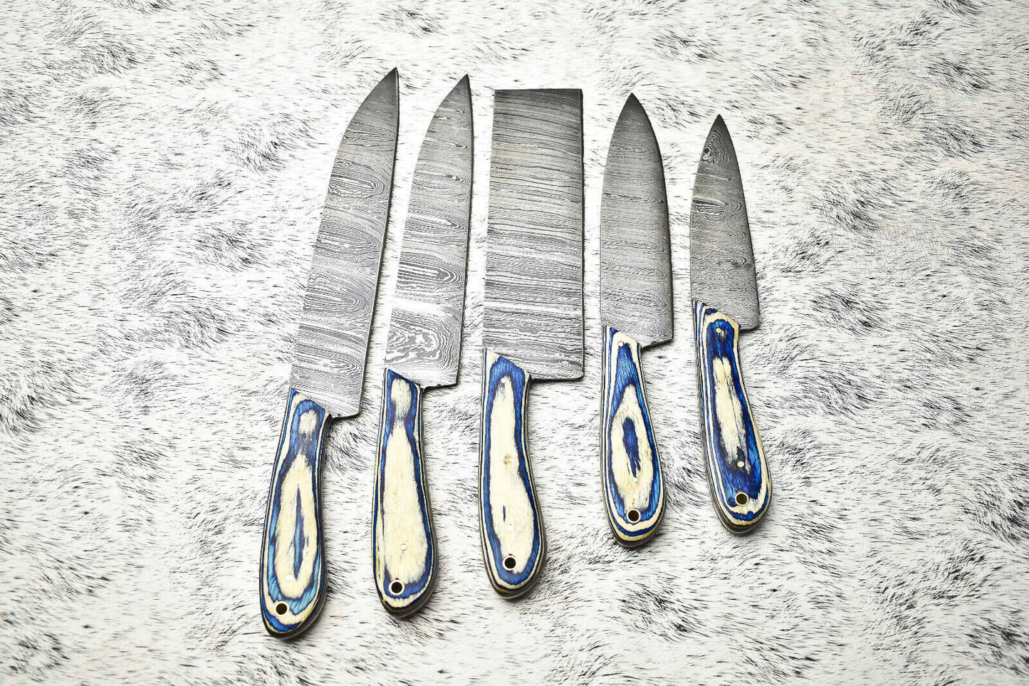 Stunning Custom Lot of 5 Handmade Hammered Damascus Steel Blade Chef Knife Set