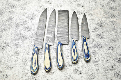 Stunning Custom Lot of 5 Handmade Hammered Damascus Steel Blade Chef Knife Set