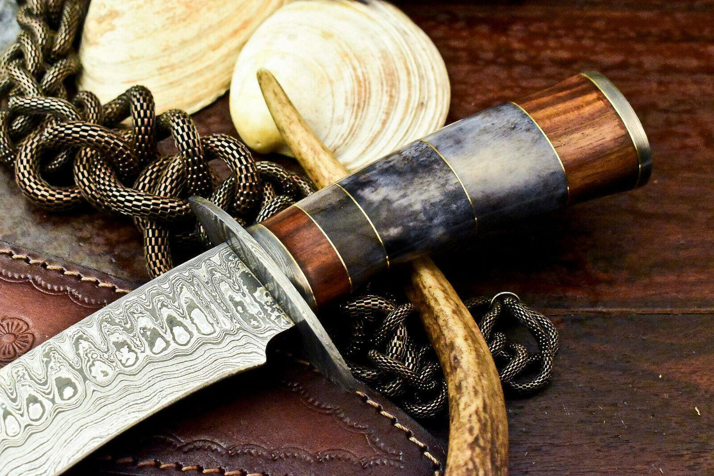 15" Handmade Damascus Bowie Knife | Engraved Camel Bone Handle