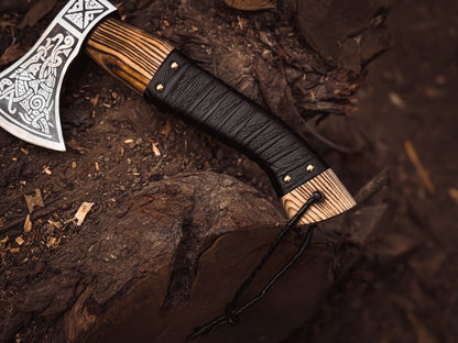 Handmade Viking Valhalla Axe – Forged Carbon Steel with Wooden Handle and Cow Leather Sheath