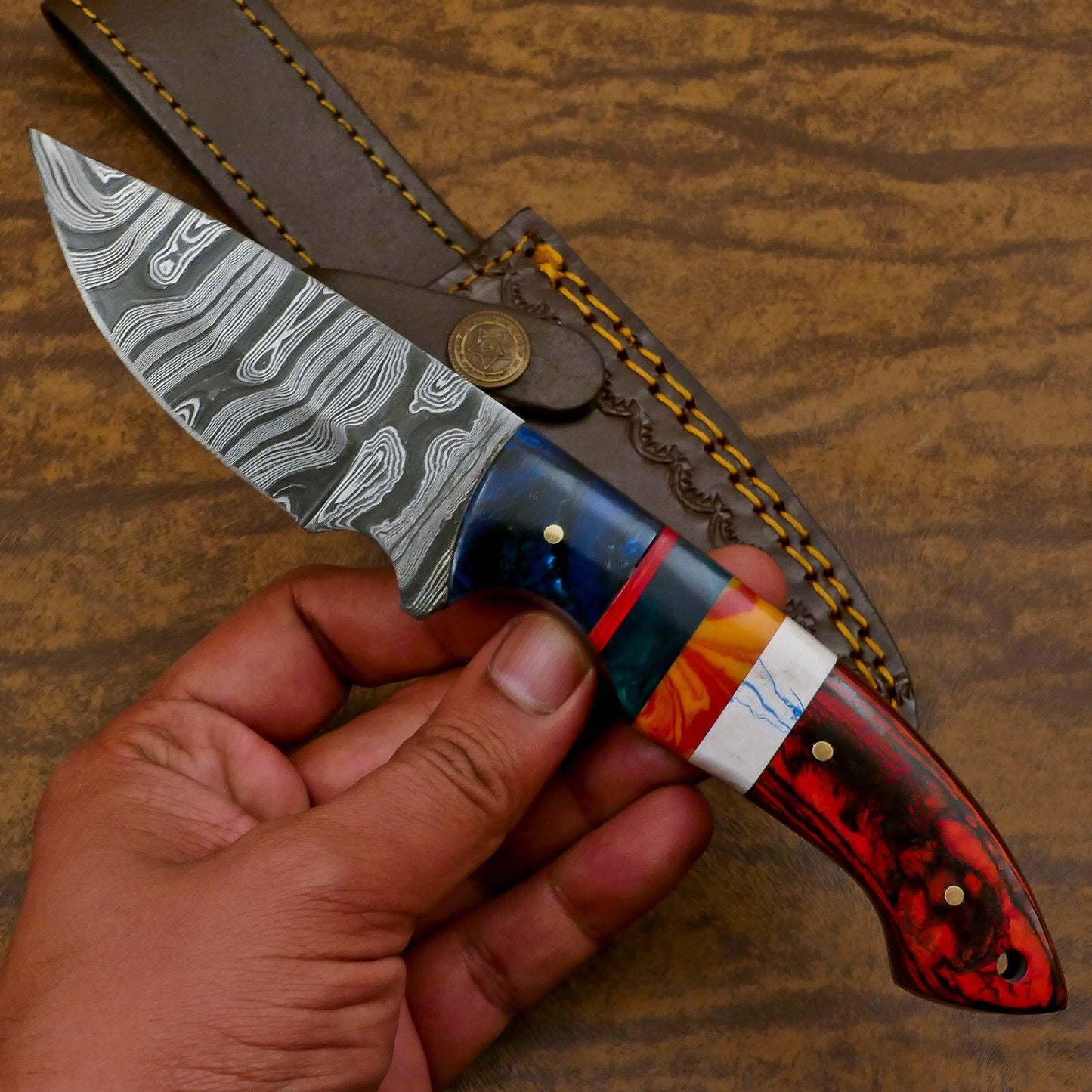 Handmade Damascus Skinner Hunting Knife with Resin and Wood Handle – Custom Fixed Blade EDC Knife