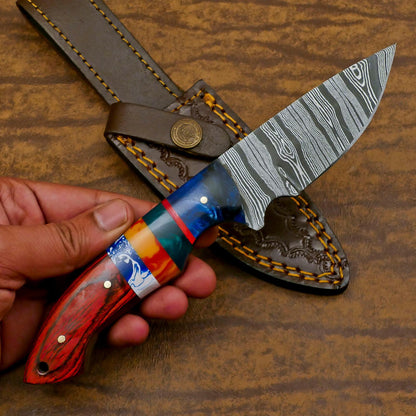 Handmade Damascus Skinner Hunting Knife with Resin and Wood Handle – Custom Fixed Blade EDC Knife