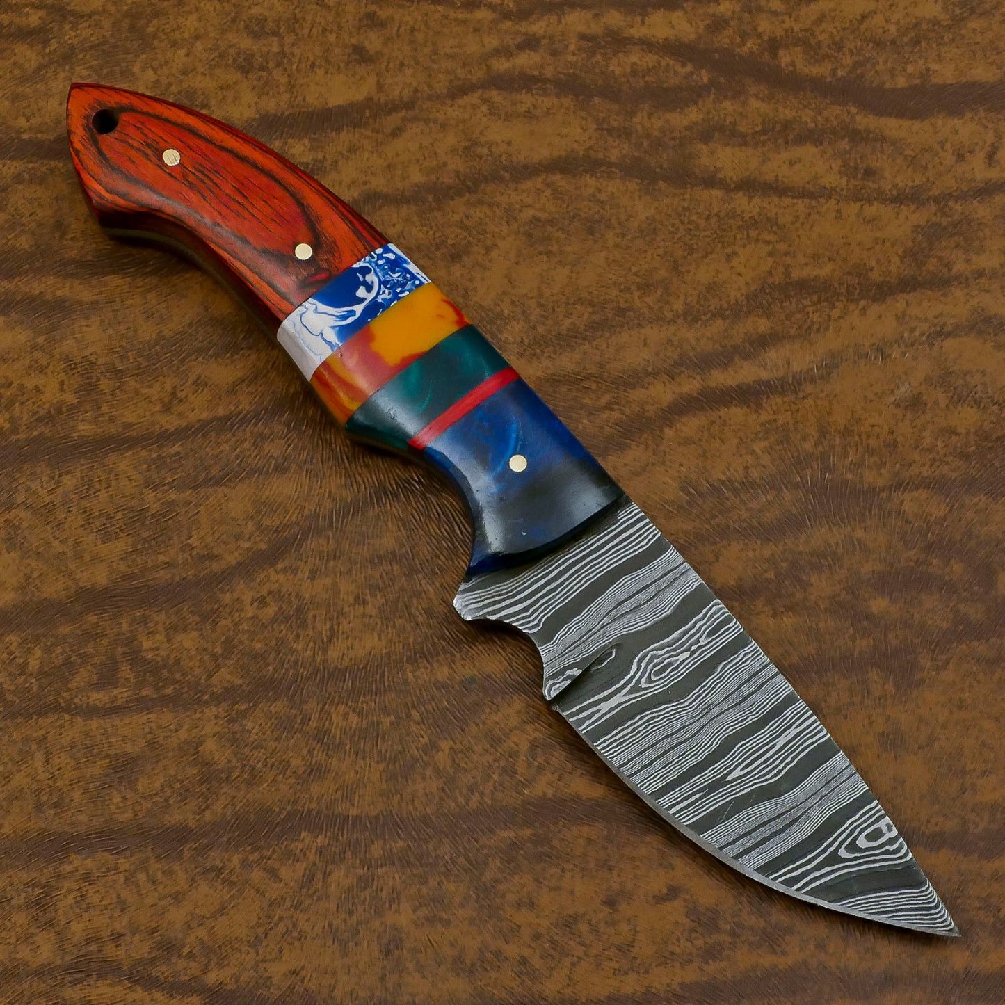 Handmade Damascus Skinner Hunting Knife with Resin and Wood Handle – Custom Fixed Blade EDC Knife