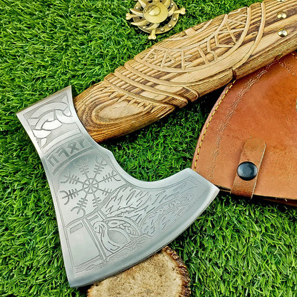 Custom Hand-Forged Carbon Steel Viking VALHALLA Axe – Tomahawk Throwing Axe with Leather Sheath