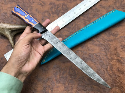 14" Hand Forged Damascus Fillet Knife Premium Damascus Steel Knife W/Sheath