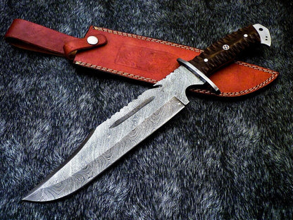 15 Inch Handmade Damascus Steel Bowie Knife with Resin Handle and Mosaic Pin