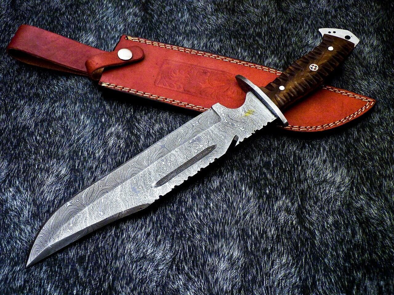 15 Inch Handmade Damascus Steel Bowie Knife with Resin Handle and Mosaic Pin